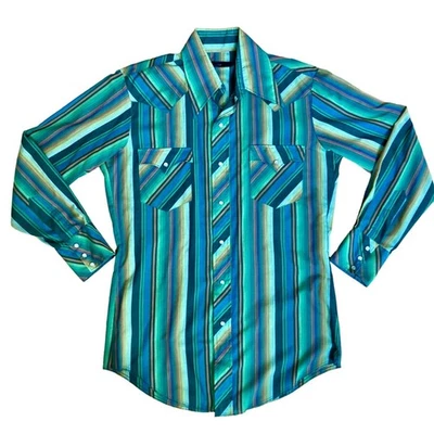 Vintage Champion Westerns Long-Sleeve Shirt Green Striped Pearl Snap Men Size 33 - Image 1 of 4