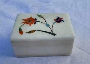 White Marble Stone Inlaid Trinket Box Floral Flowers Jewelry Holder - Picture 1 of 9