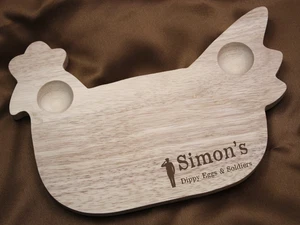 Chicken Shaped Personalised Engraved Wooden Dippy Egg Breakfast Board with Soldi - Picture 1 of 7