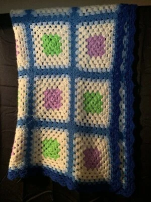Large crochet white, blue, green, purple blanket throw afghan vintage 64 x 46 - Image 1 of 4