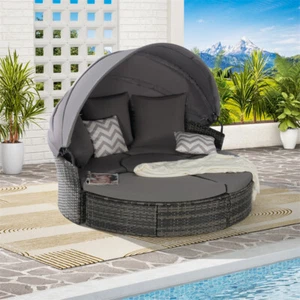 5PC Outdoor Patio Wicker Daybed Furniture Set with Retractable Canopy Dark Gray - Picture 1 of 14