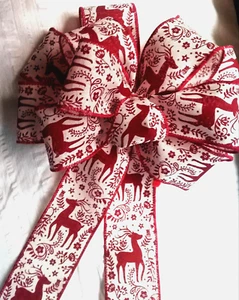 Weihnachtsschleife Drahtband 10" x 21" Rustikal Rothirsch Handarbeit 2,5" x 5" Schlaufen - Bild 1 von 5
