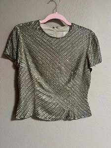 Hermoso top de seda con cuentas Sparkles Rickie Freeman para Teri Jon Nites talla 8 - Imagen 1 de 9