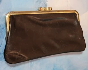 Borsa a portafoglio vintage in pelle nera borsa per trucco - pochette foderata anni '60 - Foto 1 di 4