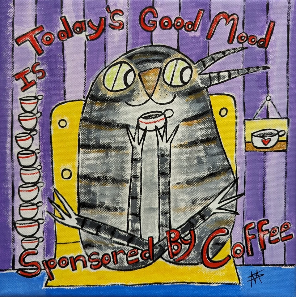 Original Cat Painting Collectible Tabby Coffee House Folk Art Samantha McLean - Image 1 of 3