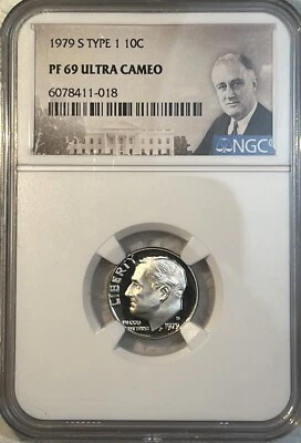 1979 S TYPE 1 PROOF ROOSEVELT DIME 10 Cents NGC PF69 ULTRA CAMEO PORTRAIT LABEL - Image 1 of 4