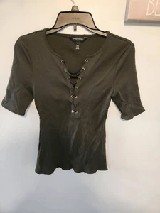 WHBM For Me White House Black Market Ribbed Lace Up V Neck Shirt Olive Size S - Picture 1 of 4