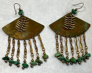 Vintage 70's BOHO Artisan Handmade Patina Copper Green Turquoise Dangle Earrings - Picture 1 of 9