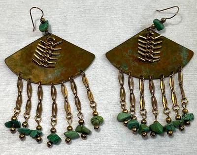 Pendientes colgantes vintage años 70 BOHO artesanales hechos a mano pátina cobre verde turquesa Foto 1 de 4