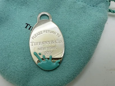 Tiffany Co Plata Esterlina Azul Esmalte Salpicaduras Grande Etiqueta Ovalada Dije Foto 1 de 4