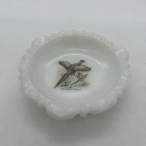 Vintage White Milk Glass Ashtray Game Bird Ring Necked Pheasant Anchor Hocking - Picture 1 of 13