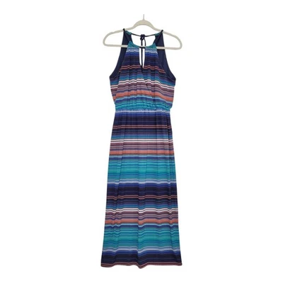 Maxi Vestido de Playa Bisou Bisou Para Mujer Talla 4 Halter Cerradura Multicolor Rayas Azul Marino Foto 1 de 4