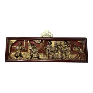 Vintage chinesisches Holz rot golden Relief Schnitzerei Wandbehang Kunst Plakette Wachssiegel 20 Zoll - Bild 1 von 13