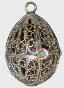 Vintage Silber Spitze Filigran Ei Anhänger Weihnachtsschmuck Wohlstand Baum Bauernhof - Bild 1 von 12