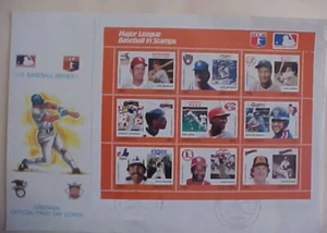 GRENADA BASEBALL PLAYERS FDC SHEETLET OF 9 DIFF # 1 1988 RED - Picture 1 of 1