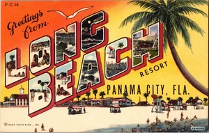 Postal Saludos Long Beach Resort Ciudad de Panamá FL Letra Grande Lino Sin Publicar - Imagen 1 de 2