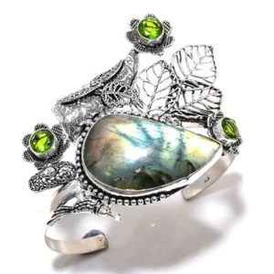 Natural Labradorite, Peridot Gemstone 925 Sterling Silver Cuff Bangle Adj. Y828 - Picture 1 of 7