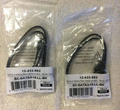Lot 2 New Coboc - SC-SATA3-18-LL-BK - 18" SATA III 6Gb/s Data Cable w/Latch Blk - Image 1 of 4
