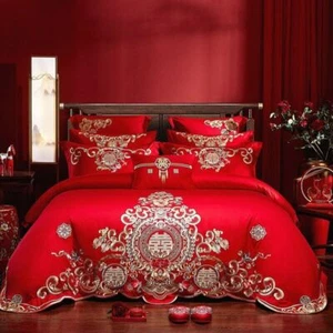 Wedding Embroidery 100% Cotton Bedding Set Quilt Cover Bed Sheet Pillow Cover - Foto 1 di 33