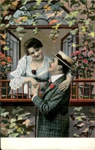 Romance Cute Couple Smiling Holding Hands Flowers Vintage Antique Postcard - Picture 1 of 2