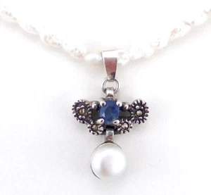 Natur Saphir Anhänger mit Süßwasser Perlenkette 45cm - 925 Sterling Silber  (01) - Bild 1 von 9