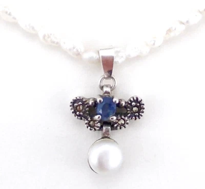 Natur Saphir Anhänger mit Süßwasser Perlenkette 45cm - 925 Sterling Silber  (01) - Bild 1 von 4