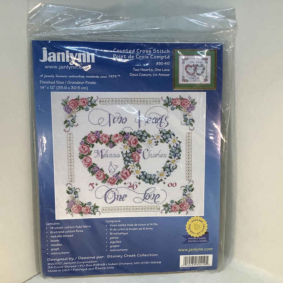 Janlynn 2002 Counted Cross Kit Two Hearts One Love 14x12 Wedding Sampler