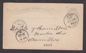 1892 Galt, WAT c.d.s. NO 15.  On postal sationery. Imperial Bank of Canada print - Imagen 1 de 2