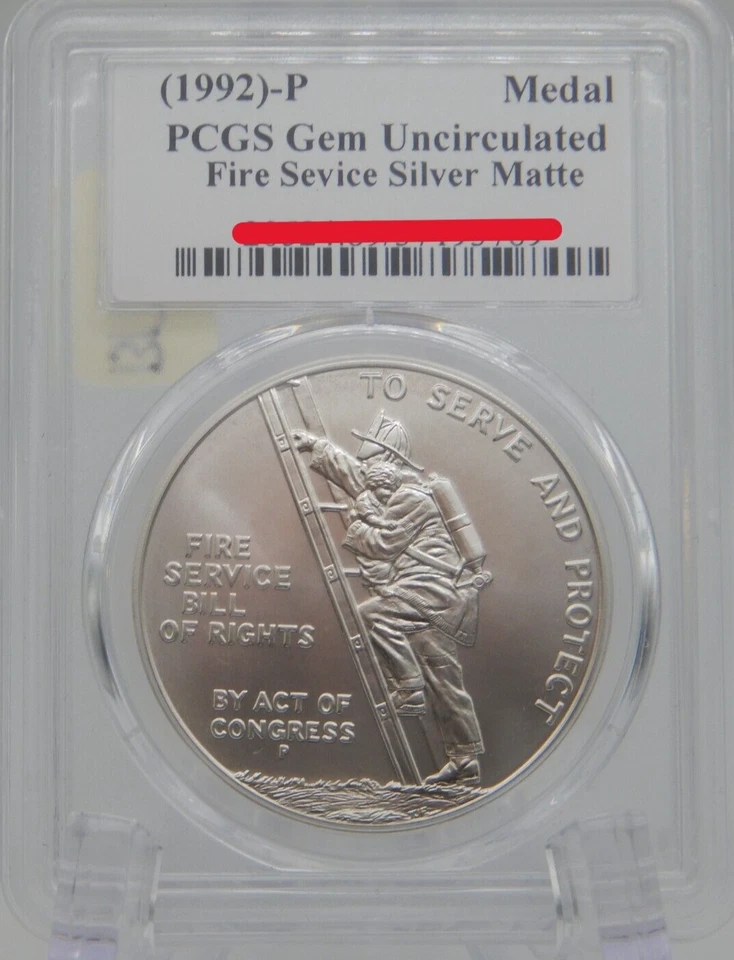 1992-P FIRE SERVICE SILVER MEDAL PCGS GEM UNC SCULPTOR SIGNED T.D. ROGERS SR 633 - Image 1 of 4