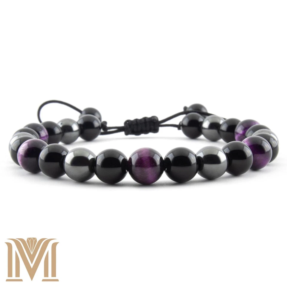 Pulsera ajustable de 8 mm ojo de tigre púrpura, ónix negro y hematita - se adapta a 6,5"-9" Foto 1 de 4