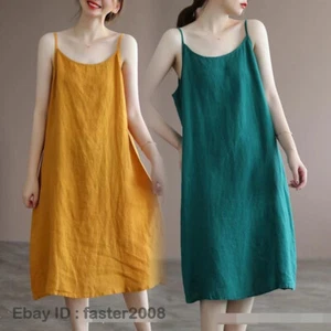 Mujeres Algodón Lino Deslizante Largo Holgado Vestido Sin mangas Informal Correa Falda CALIENTE - Imagen 1 de 17