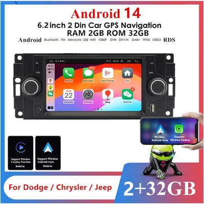 6.2'' Android 14 32G Car Stereo Radio GPS Navigation For Dodge Chrysler Jeep RAM - Image 1 of 4