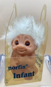 Dam Norfin Infant Troll LAYING Baby 3” White Short Hair 1986 Vintage Doll in Box - Picture 1 of 9