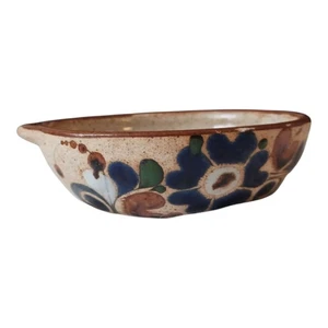 Mexican Tonala Looking  Bowl Unsigned Flowers Brown Blue 4" Diameter  Handles - Picture 1 of 3