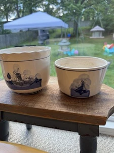VTG 2 White Blue Holland Windmill & Ship Planter Pots or Bowls Made In Taiwan - Picture 1 of 12