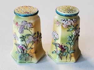 Antique Nippon Moriage Style Flower Pattern Salt and Pepper Shakers 3⅛" Tall - Picture 1 of 12