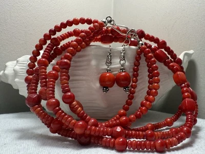 Juego de collar y pendientes JAY KING de coral rojo sangre de buey corte faceta .925 Southwestern Foto 1 de 4