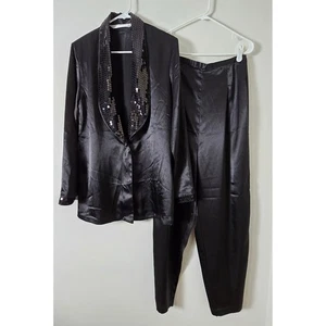 Victoria's Secret Pyjama Set Satin Smoking Jacke Vintage Schwarz Pailletten Medium - Bild 1 von 16