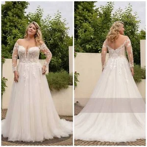 Plus Size Wedding Dresses Backless Lace Applique A-Line Bride Gowns Sweep Train - Picture 1 of 8