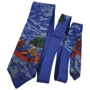 Mens Izod 100% Silk TIE Fishing Boat Lake Blue Woven Made In USA 152 Cms Vgood - Picture 1 of 10