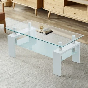 White Glass Coffee Table MDF Shelf Storage Living Room Rectangular Modern - Picture 1 of 9