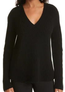 $ 395 NEU MIT ETIKETT VINCE SHAKER GERIPPTER PULLOVER V-AUSSCHNITT WOLLE-KASCHMIR-MISCHUNG SCHWARZ GRÖSSE M SELTEN - Bild 1 von 10