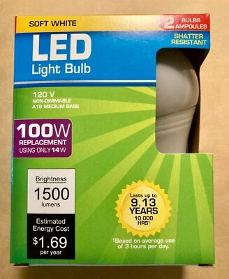 NEW!  14W 100W 3000K Soft White 1500 Lumen Indoor Outdoor LED 2-PACK Light Bulbs - Image 1 of 2