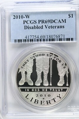 2010 W Proof Disabled Vets $1.00 Silver COMMEMORATIVE - PCGS PR 69 DCAM - Image 1 of 2