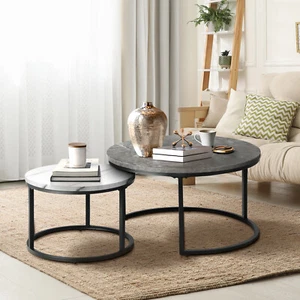 ikiture Set of 2 Coffee Table Round Marble-like Nesting Side Tables Grey White - Picture 1 of 10