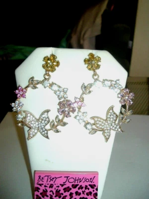 FLOWERS BUTTERFLY Crystal Adorned OPEN HOOPS Betsey Johnson Pierced EARRINGS-NWT - Image 1 of 3