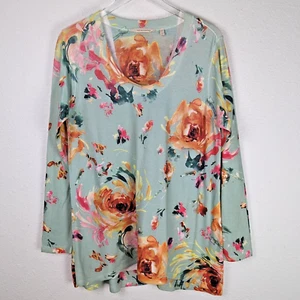 SOFT SURROUNDINGS Knit Shirt L Green Rose Floral Long Sleeve Scoop Neck - Picture 1 of 9