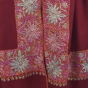 MAROON RED 100% Cashmere Pashmina Shawl. Multicolor Hand Embroidered Border Wrap - Picture 1 of 7