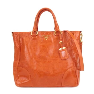 Auth PRADA 2Way Hand Bag Tote Bag Orange Gold Leather HDW Used - Picture 1 of 24