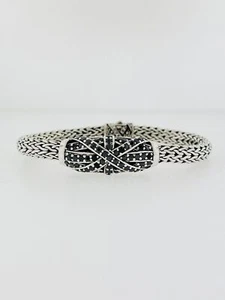 Ladies Sterling Silver Woven Bracelet With Round Black Stones - Picture 1 of 6